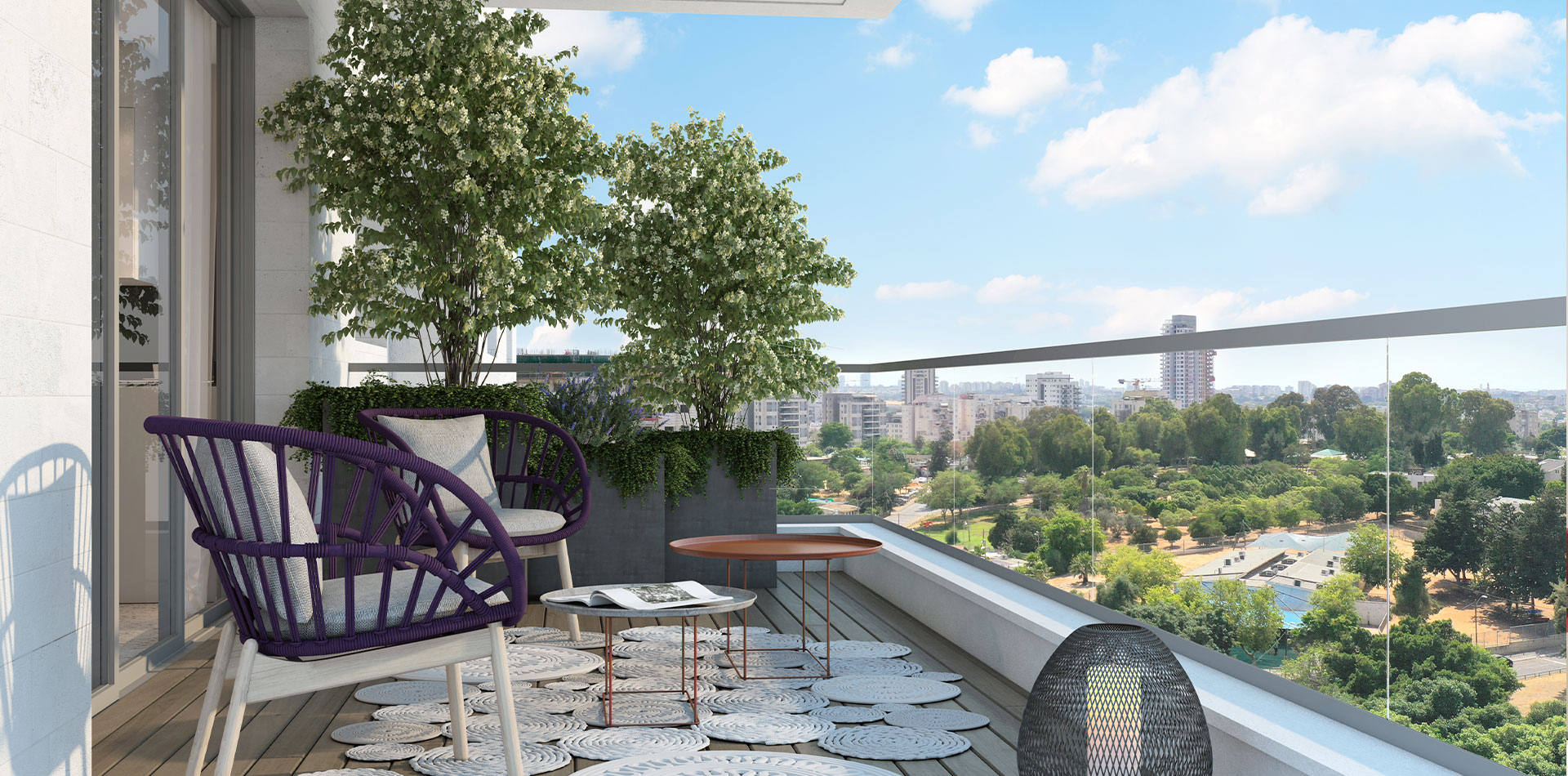 הדמיית חוץ מרפסת מעוצבת עם ריהוט בפרויקט אוליבר תל אביב